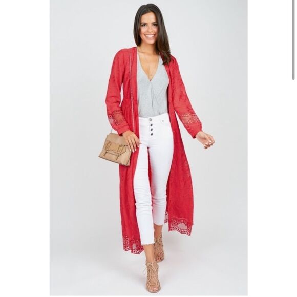 Olivia Culpo Red Lace Maxi Dress Embroidered Long Sleeve Medium - Picture 6 of 13